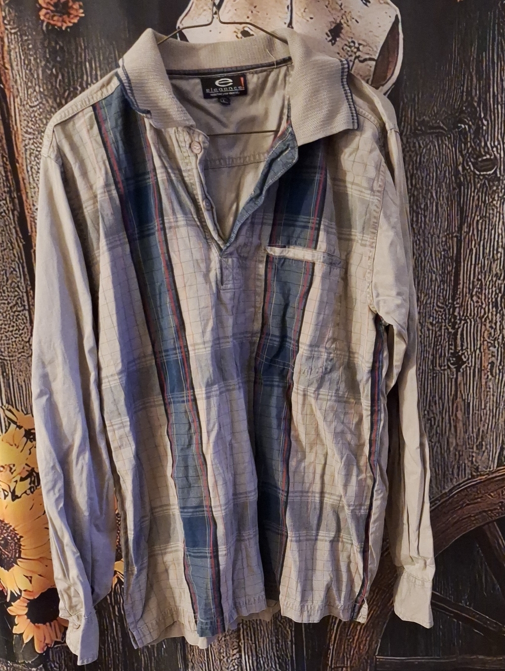 Original Penguin Long-Sleeve Plaid Polo Shirt - Beige with Blue Stripes